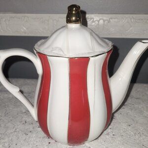 Grace's Teaware Red, White with Gold  Scallop Tall Teapot Christmas
